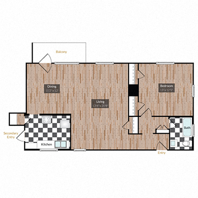 Floor plan for 1 bed, 1 bath, 836 sqft